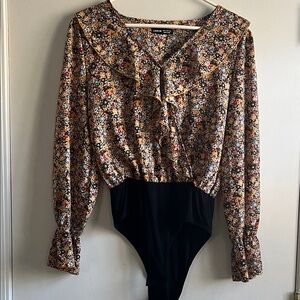 SHEIN Floral Ruffle Bodysuit - Multicolor and Black